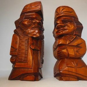 2-Japanese carved wood Dolls, Man & woman large Aino Nipopo Indigenous Hokkaido